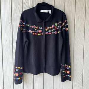 Marisa Christina XL Black Cardigan Sweater Embroidered Button Felt Novelty Artsy